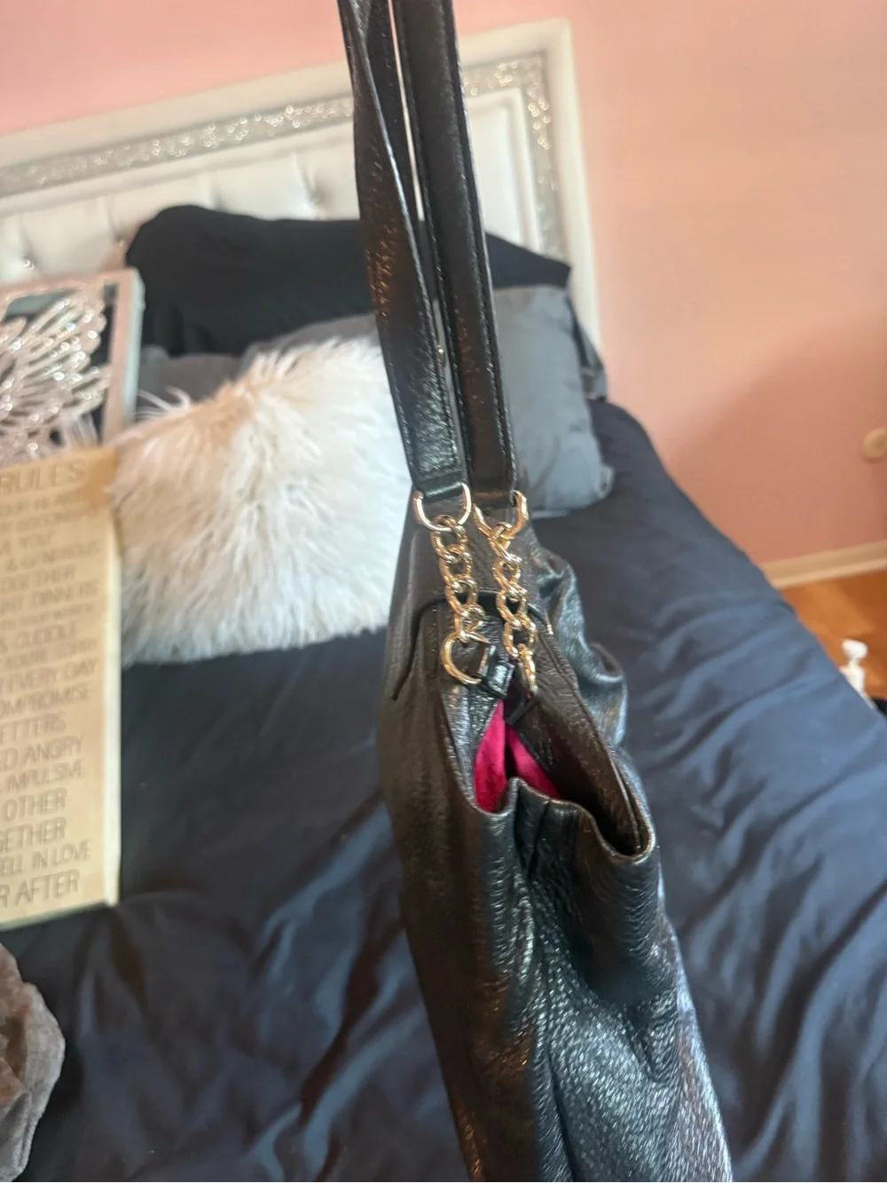 kate spade Black Leather Shoulder Bag with Pink Interior